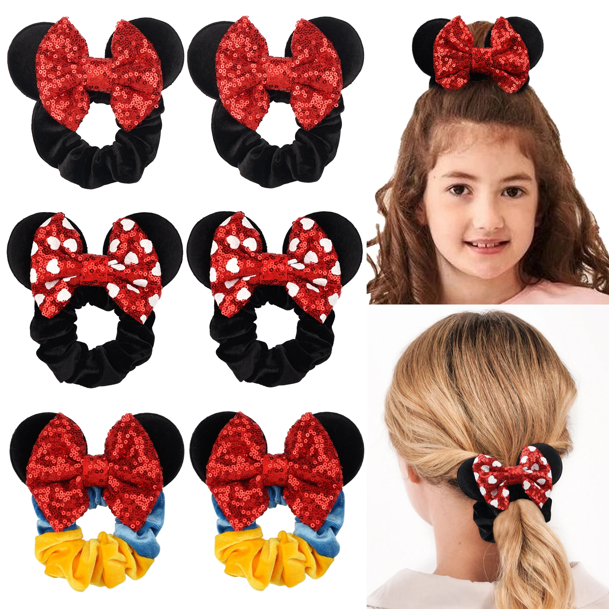 

6Pcs Hot Sales Christmas Mouse Ears Sequins Bows Headband for Women Velvet Hair Scrunchies Bands For Girls Party Accessories