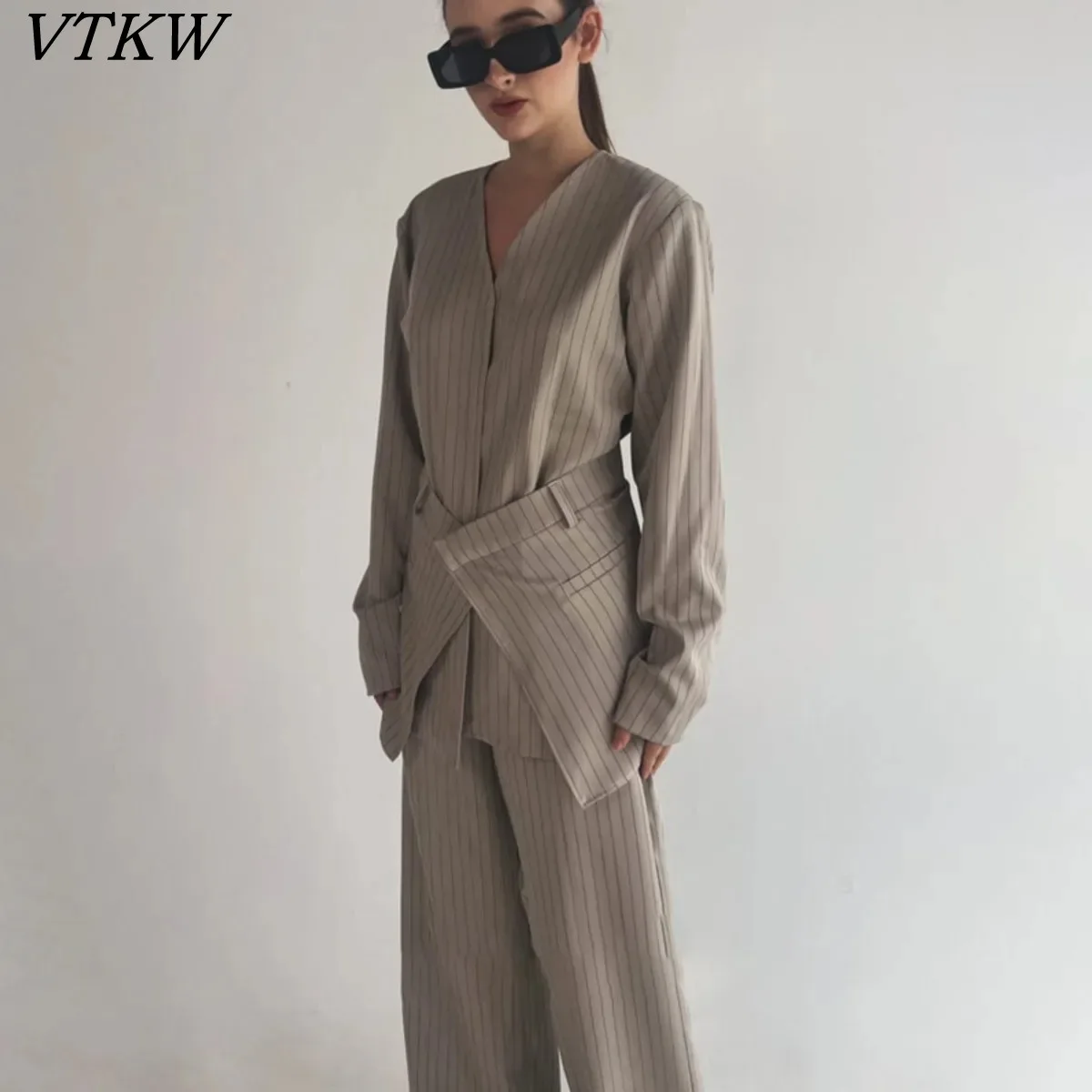 

VTKW 2026 New Women 2 Piece Pants Set Pinstripe Wrap Blazer V Neck Belted Waist Asymmetric Hem Wide Leg Trousers Taupe Outfit