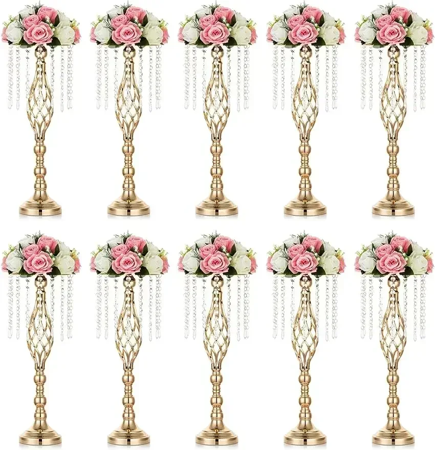 Nuptio 10 Pcs Crystal Flower Stand Wedding Centerpieces for Tables, 21.7in/55cm Tall Elegant Metal Flower Arrangement