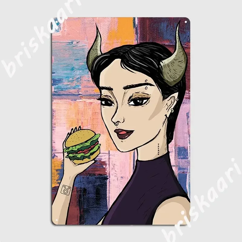 Tauro chica con hamburguesa placa de Metal diseño pared cueva decoración de pared diseño de cocina cartel de estaño