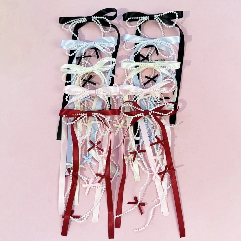 1Pair Elegant Bowknot Hair Clip Pearl Chain Red Color Bow Side Clip Ribbon Hair Clip Gift Use