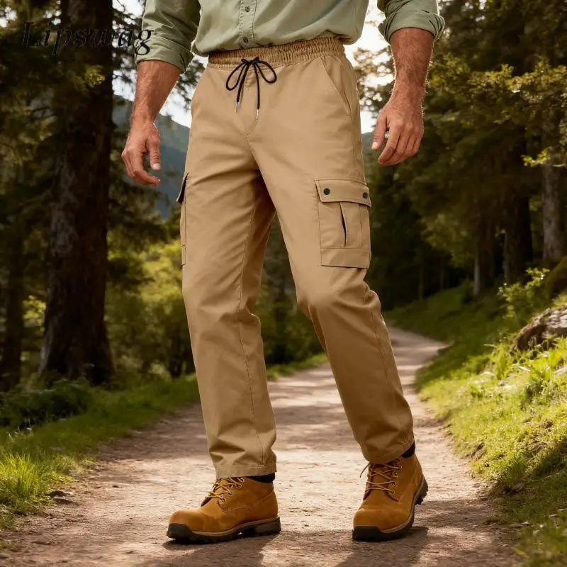 

Стильные мужские однотонные брюки-карго, весенне-осенние винтажные брюки с несколькими карманами на шнурке, мужские новые повседневные свободные прямые брюки