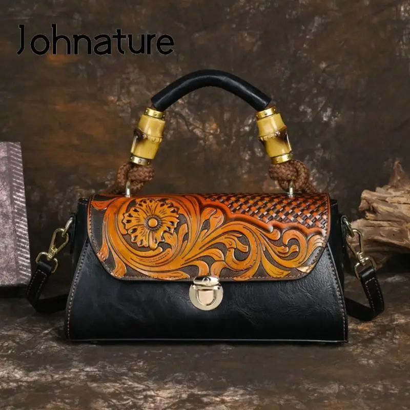 Johnature Women Bag 2024 New Retro Leather Carving Craft Ladies Handbag Versatile Large Capacity Shoulder & Crossbody Bags