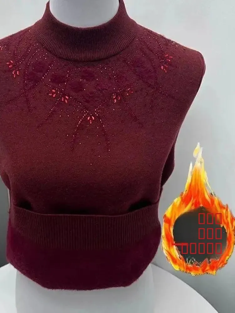 

Утепленный флисовый зимний свитер для женщин: теплый базовый слой, повседневный свободный крой, вязаный топ с длинным рукавом для женщин среднего возраста