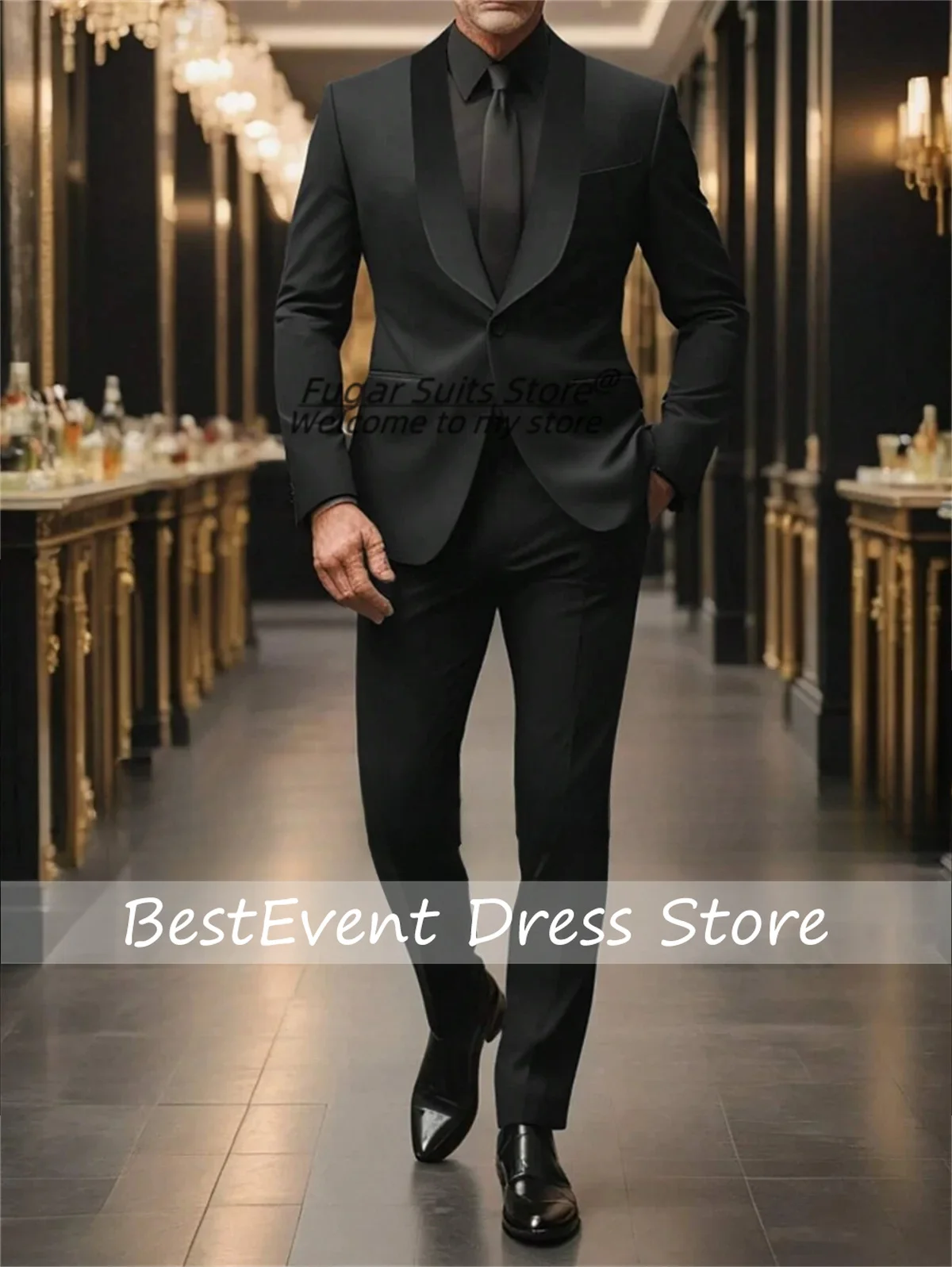 

Black Luxuly Wedding Suits For Men Slim Fit Shawl Lapel Groom Formal Tuxedos 2 Pieces Sets Business Male Blazers Customized