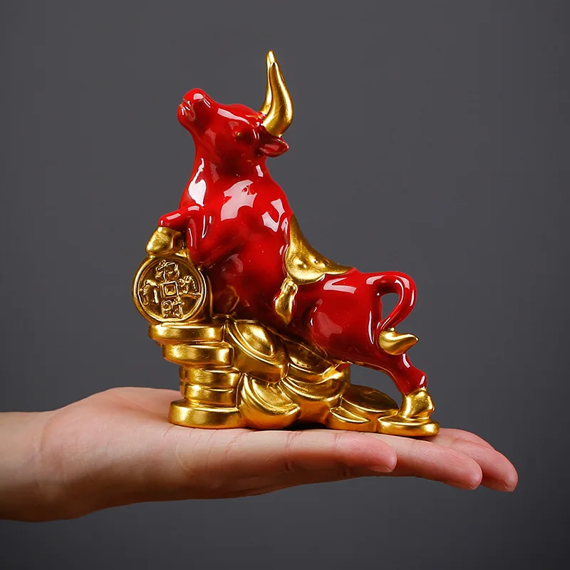 Feng Shui Wealth Ox Statue Ceramic Figurine Money Luck Charm for Home Office Desk Decor Bullish Vibe Gift for Career Success