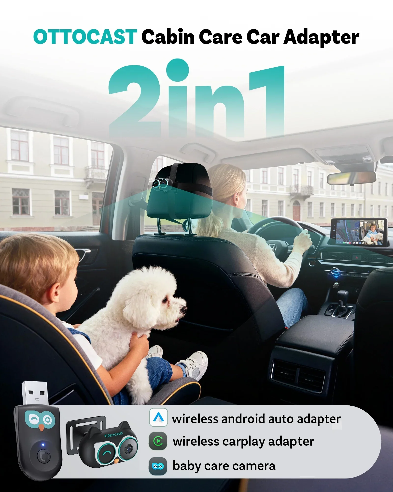 OTTOCAST Cabin Care Wireless CarPlay Adapter 1080P HD Baby Car Camera 150° Wide-angle Night Vision Split-Screen Backseat Monitor