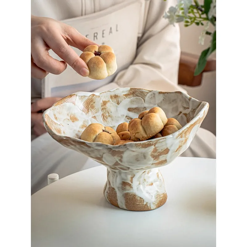 

Beautiful High Footed Flower Plate Retro Rough Pottery Dried Fruit Plate Home Creative Ornament