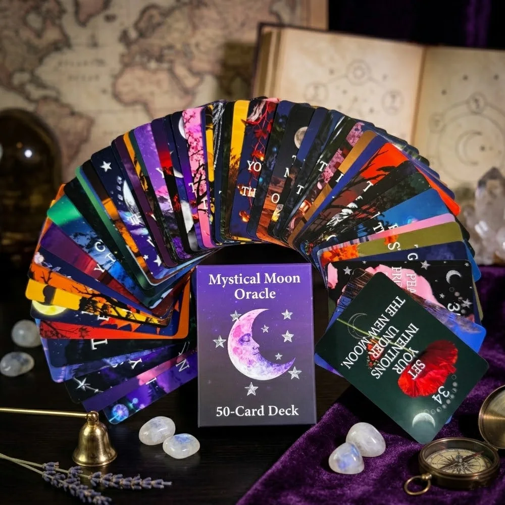 Mystical Moon Oracle Cards 50-Card Deck Moon Phase Divination Tarot Cards for Beginners and Experts Board Game Prophecy Cards