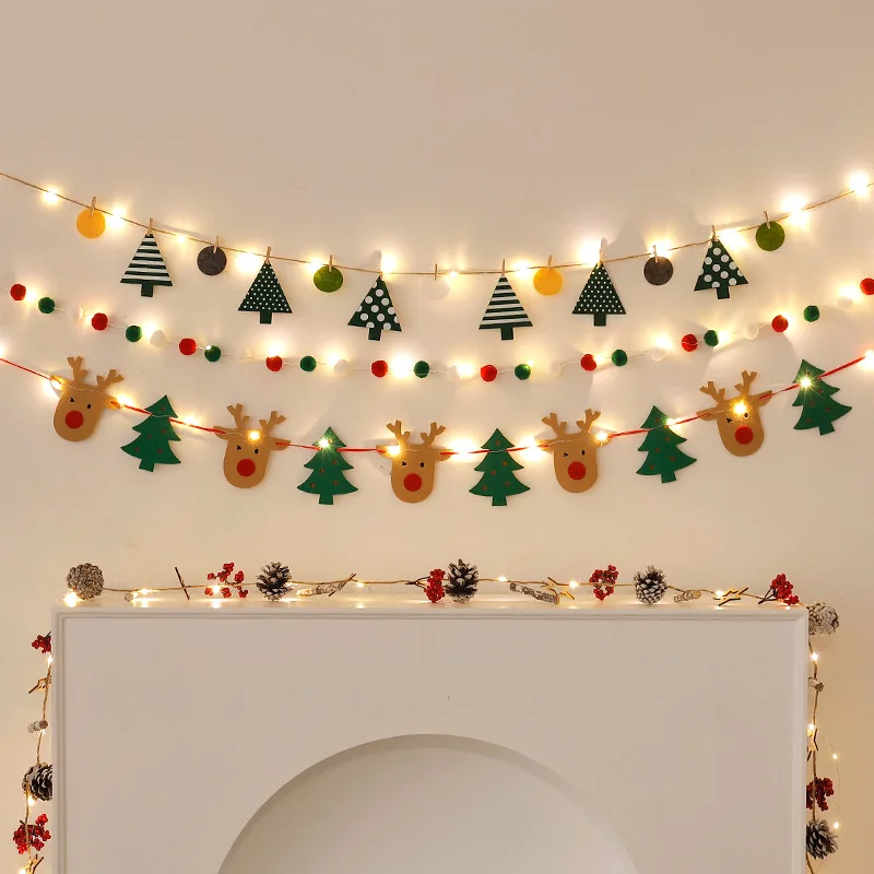 Christmas Party Furry Balls Flag Pendant with LED String Light DIY Handmade for Merry Christmas Holiday Decoration Xmas Pendant