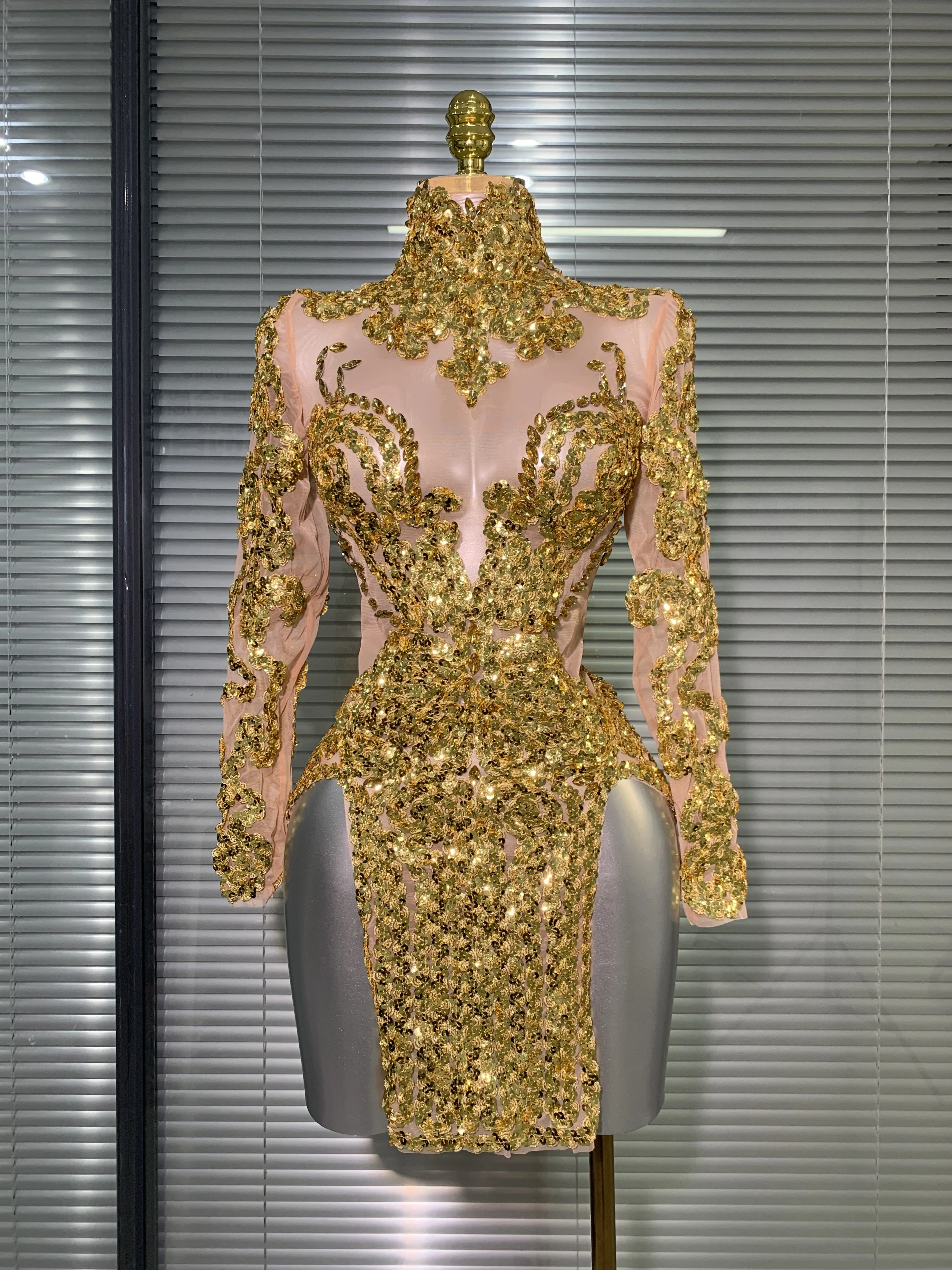 

Women Sexy Long Sleeve Split Gold Mini Dress Sparkly Sequins Performance Costume Stage Dancer Night Club Party Dress