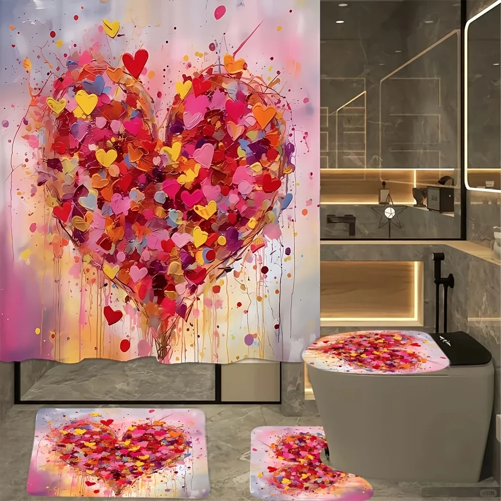 

Комплект из 4 предметов для ванной комнаты с разноцветным сердечком: занавеска для душа, коврик для ванной, крышка унитаза, крышка бака – яркий и романтический декор