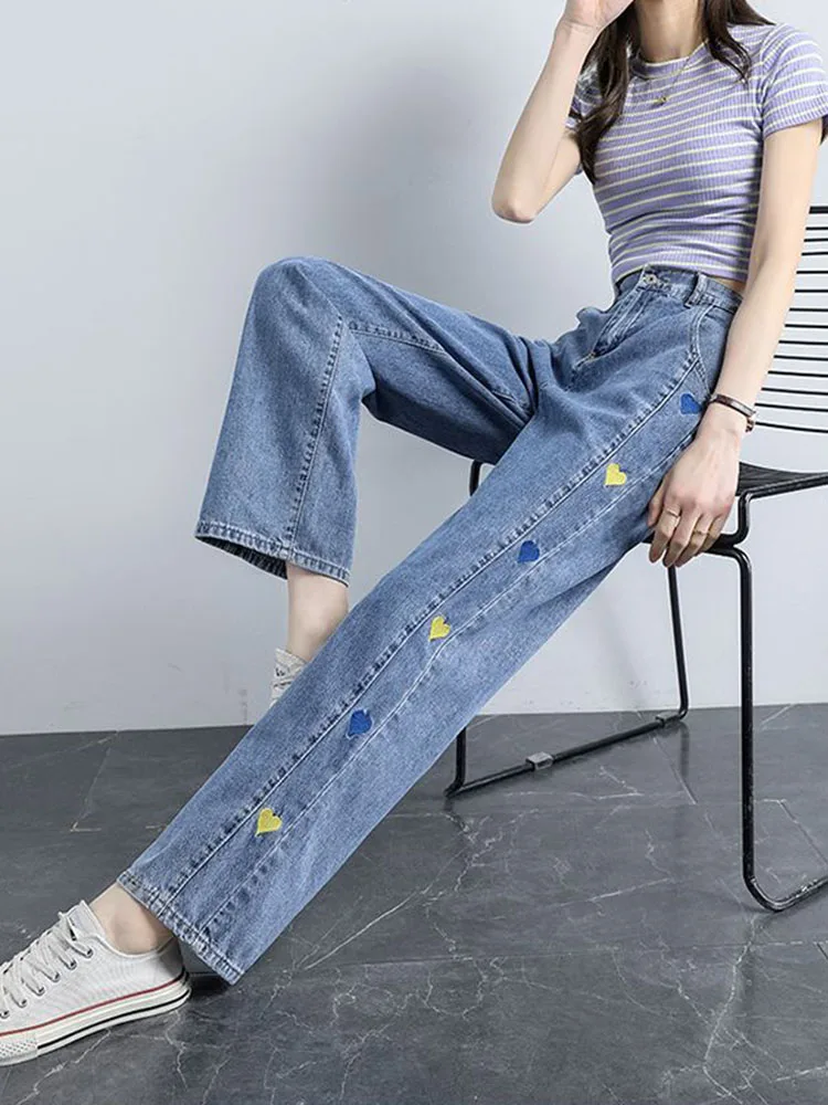 Damskie luźne jeansy z haftowanym motywem \"Love\", z wysokim stanem, w stylu koreańskim, casualowe spodnie dżinsowe, vintage, proste, z szerokimi nogawkami, vaqueros.