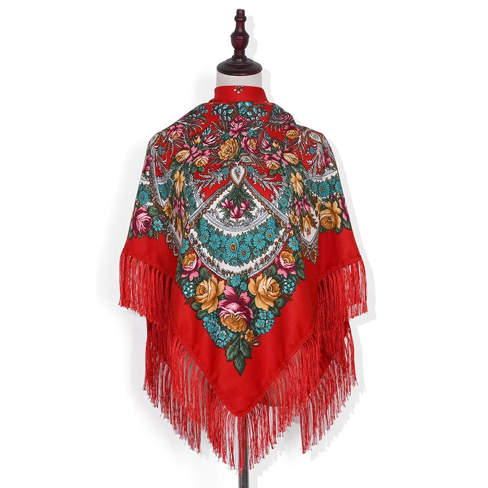 135*135cm Ethnic Style Russian Scarf Women Luxury Floral Print Square Scarves Fringed UKrainian Shawl Bandana Head Wraps