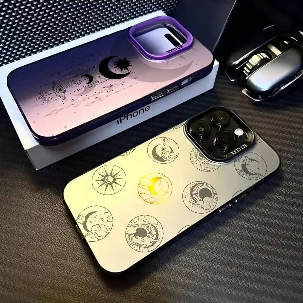 

Ins Sun Moon Stars Fashion Phone Case For IPhone 16 15 14 13 12 11 Pro Max Black Matte Multicolor Laser Metallic Aurora Funda