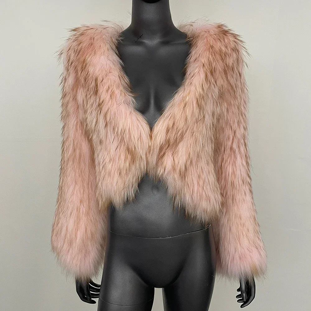 OFTBUY Natural Raccoon Fur Jacket Women Short European 2024 Autumn Winter New Thickened Warm V-neck Double-sided Woven Fur Coat