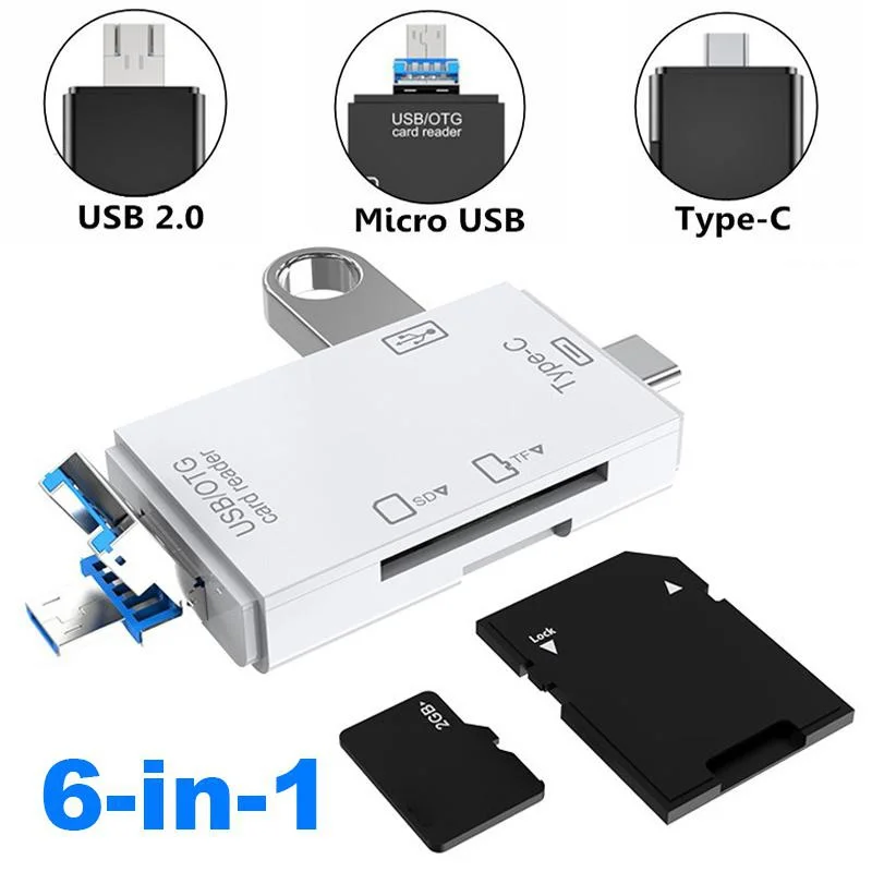(Card NOT Included) 6 In 1 Flash TF SD Card Reader USB Type C MicroUSB Adapter Portable 3 Slots Memory Card Reader For