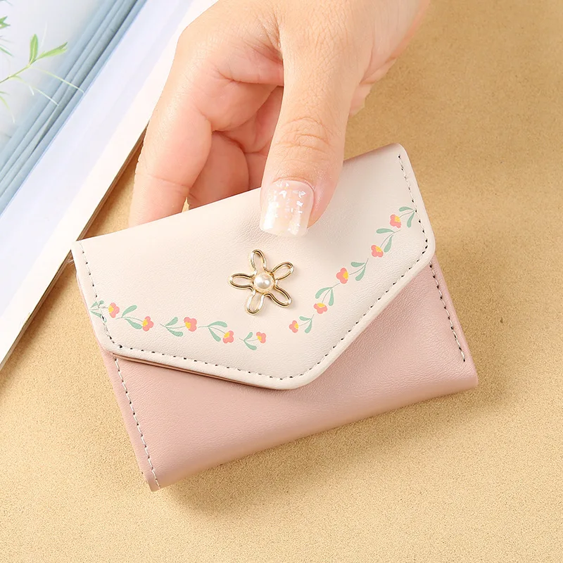 Cute Flower Printed Wallet Women's Short Trifold PU Leather Wallet ID Card Holder Cash Pocket Female Lightweight Compact Wallets