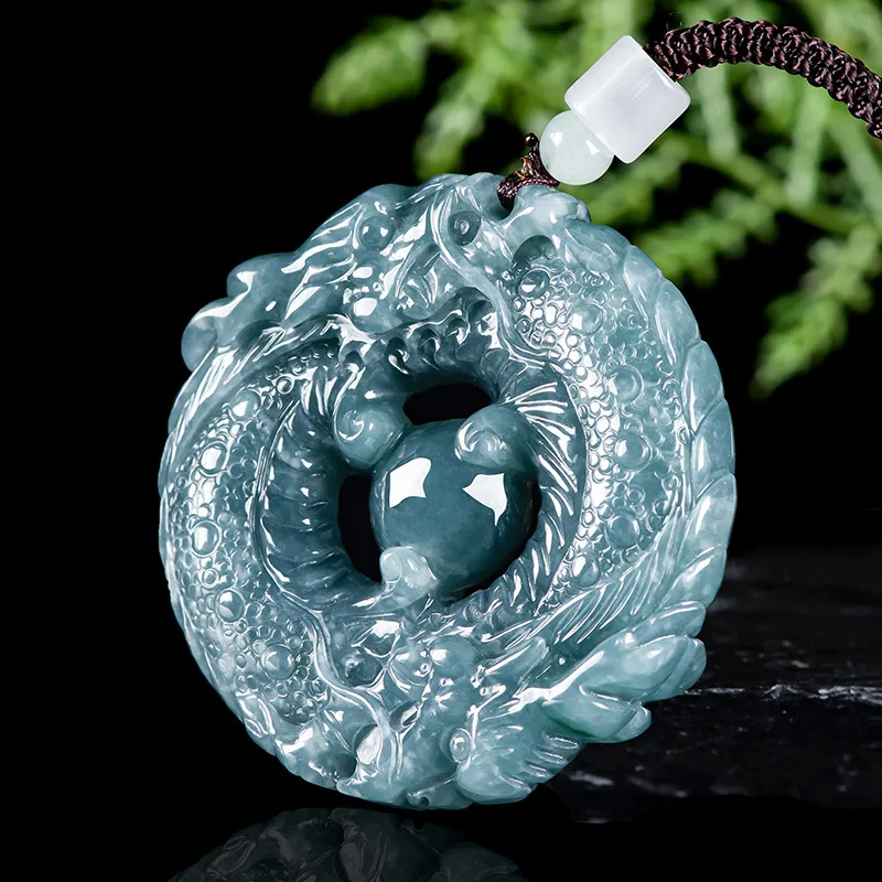 Natural A-grade Jade Blue Water Double Dragon Play Pearl Dragon Brand Zodiac Dragon Business Prosperity Pendant Jewelry