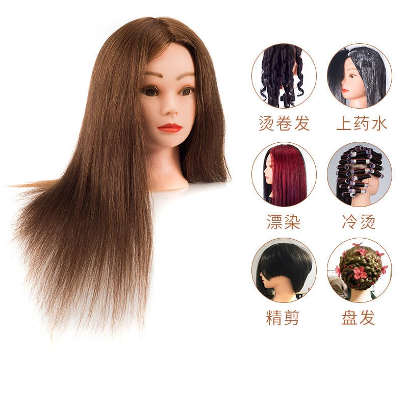 Modèle de tête de cheveux 100% authentique, pratique des apprentis dans un salon de coiffure, capable de teindre, de repasser, de souffler et de couper des styles