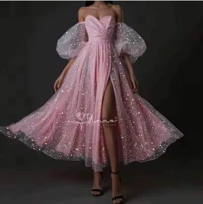 

блестящие пыльно-розовые вечерние платья по индивидуальному заказу, пышные рукава, платья для выпускного вечера с разрезом по бокам, длина чая, 2025, вечерние платья