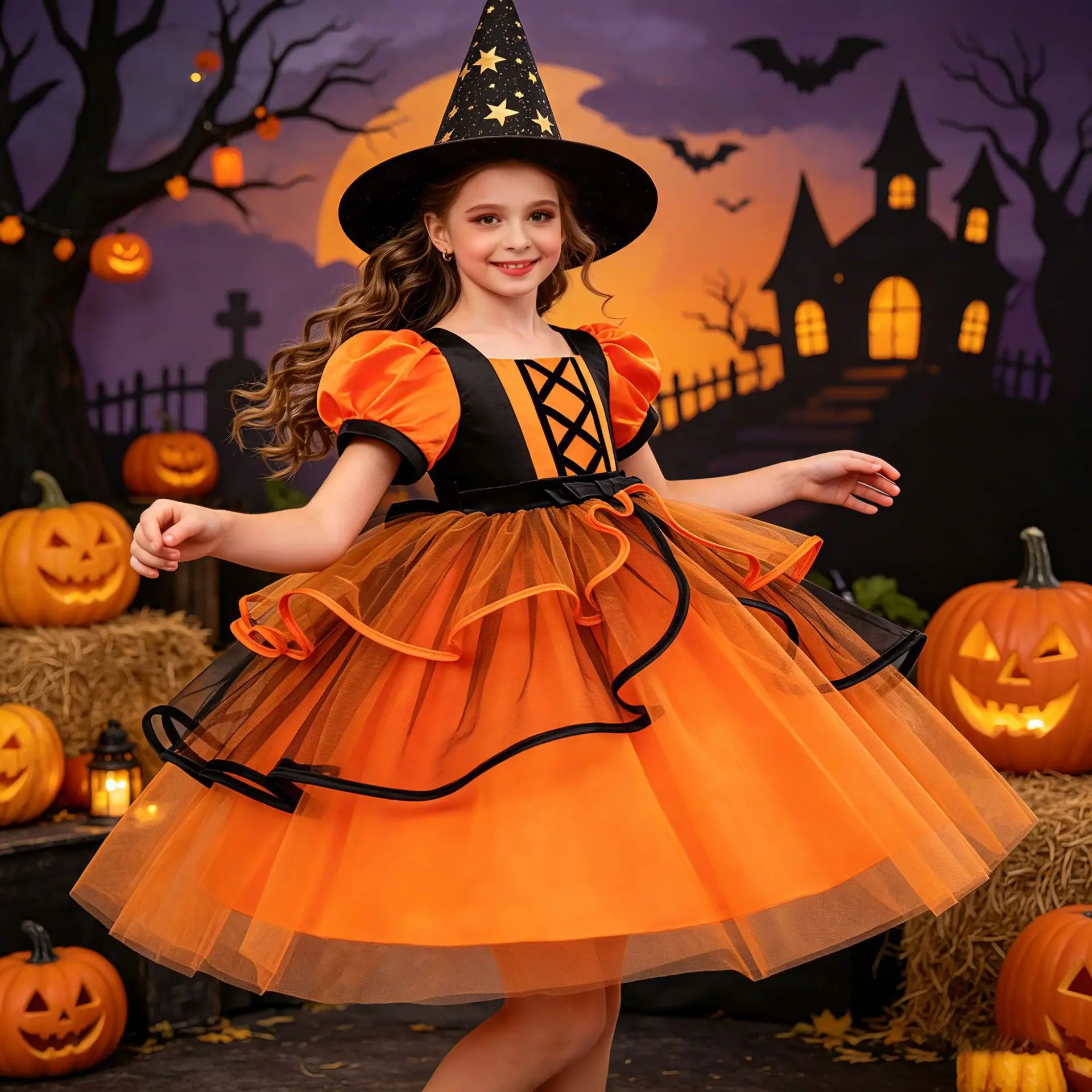 Girls Halloween Pumpkin Costume Puff Sleeve Tulle Dress+Bow Belt Headband +Pumpkin Candy Bag Trick or Treat Cosplay Party Outfit