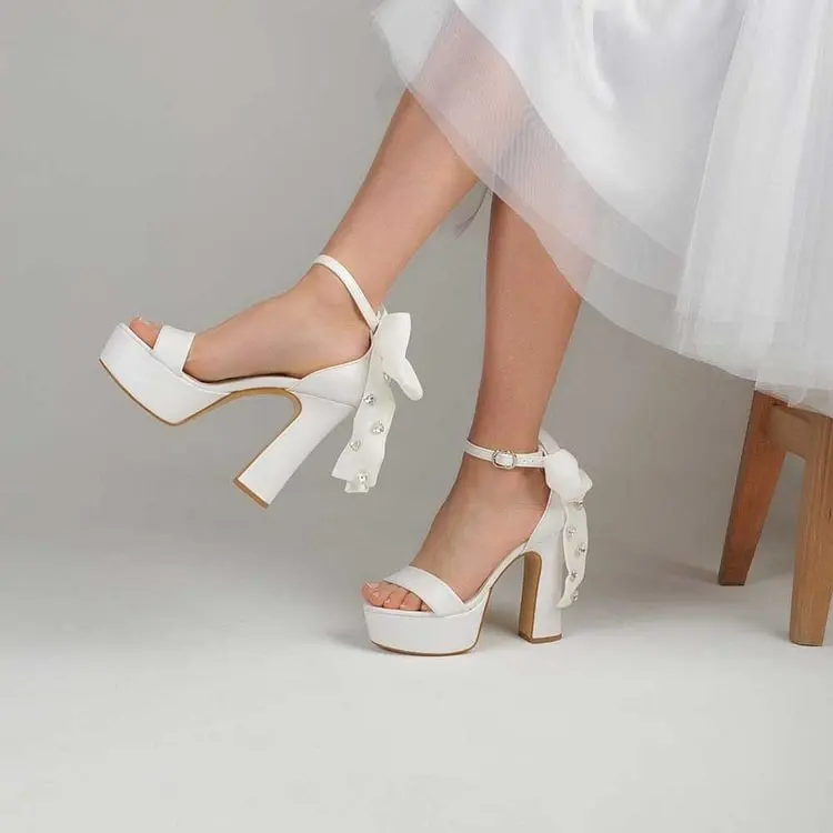 

White Rhinestone Embellished Bow Sandals Ankle Strap Platform Bridal Shoes Open Toe Buckle Fashion Women Summer Dress Sandal