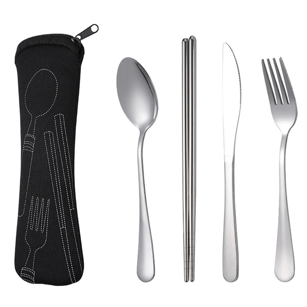 4Pcs Set Dinnerware Portable Stainless Steel Spoon Fork Steak Knife Set Travel Cutlery Tableware with Bag Black