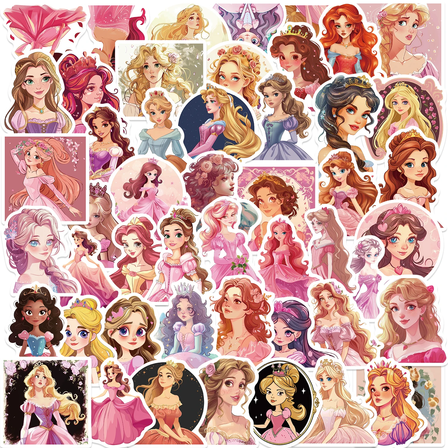 50pcs Pink Princess Stickers Cartoon Cute Princess Girl Stickers Vinyl Laptop Luggage Skateboard Waterproof Girl Decals Toys