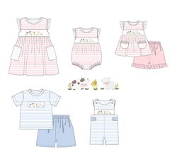 Baby Boutique Short Sleeve T-shirt Set Round Neck Farm Animal Embroidery Girl Dress Boy Pink Stripe Top Clothes And Blue Pants