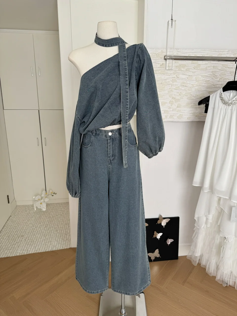 

Summer Women Korean Rave Vacation Y2k 2000s Outfits 2 Piece Pants Set Off Shoulder Denim Long Sleeve Crop Top + Long Baggy Jeans