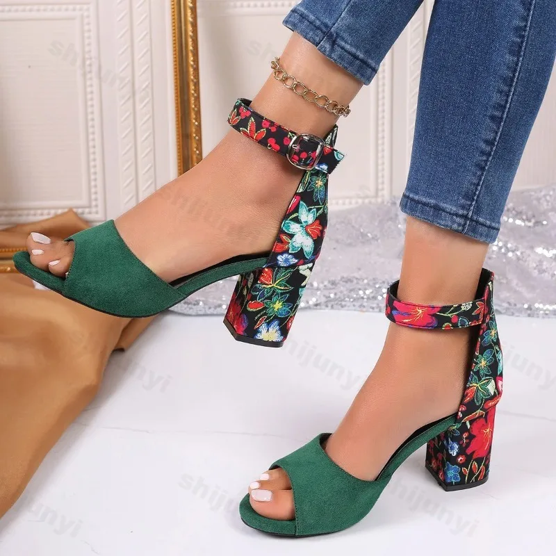 Women 2024 Summer Shoes Sqaure High Sandals Vintage Flower Print Open Toe High Heels Woman Casual Buckle Ankle Strap Sandalse