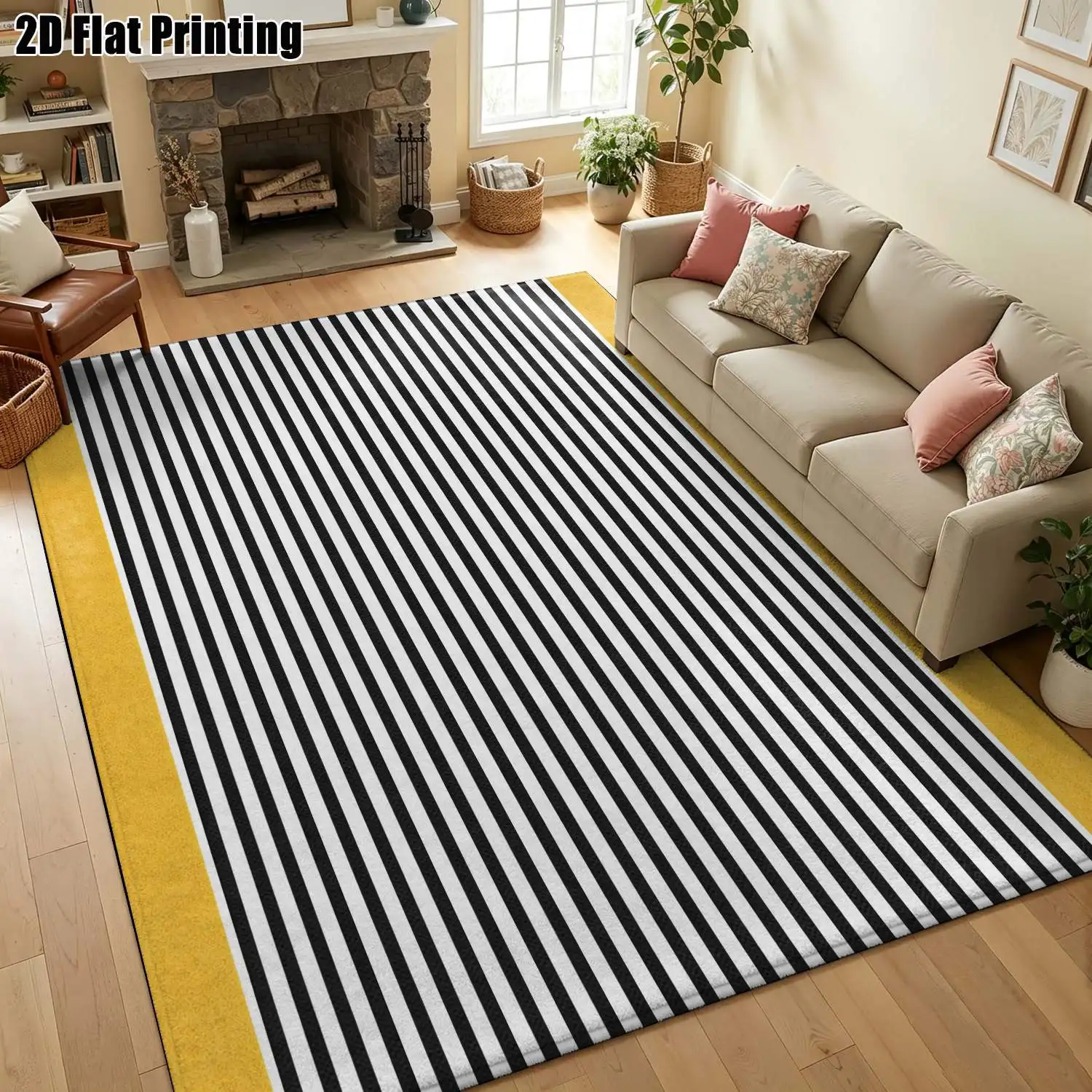 1Pc 2D Printed Geometric Striped Carpet, Yellow Black Nordic Modern Minimalist Instagram Style, Washable Floor Mat for Home Entrance Dining Living Bedroom, Multi-Size
