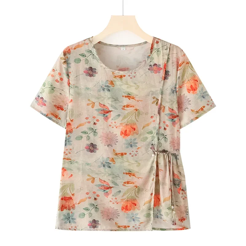 

Women's Floral Print Cotton Linen Blouse, Casual Short Sleeve Tunic, Loose Chinese Style Top