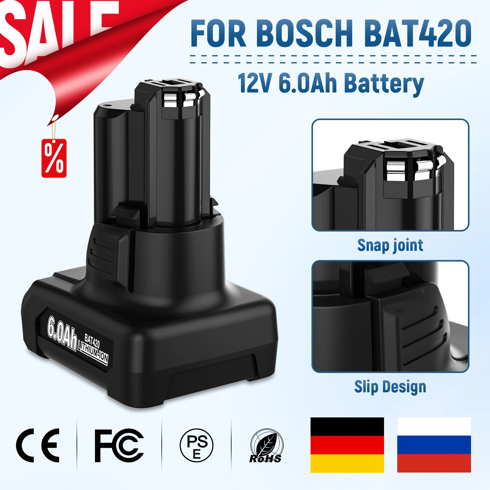 

12V For Bosch 6Ah Li-ion BAT420 BAT411 Replacement Battery for BAT411 BAT412 BAT413 BAT414 10.8V Battery Cordless Power Tools