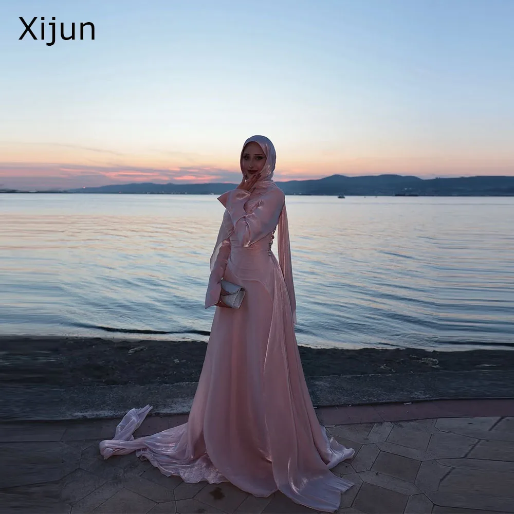 Xijun Modest Pink Evening Dresses Long Sleeves Pleated Shawl A-Line Prom Dresses O-Neck Formal Prom Gowns 2026 Women Customized
