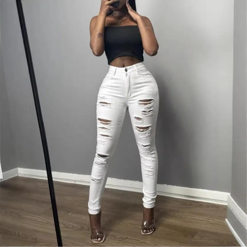 

Elegant Women's Jeans Streetwear Fashionable Versatile Solid Color Jeans Holed Minimalist Slim Fit Pencil Pants for Female