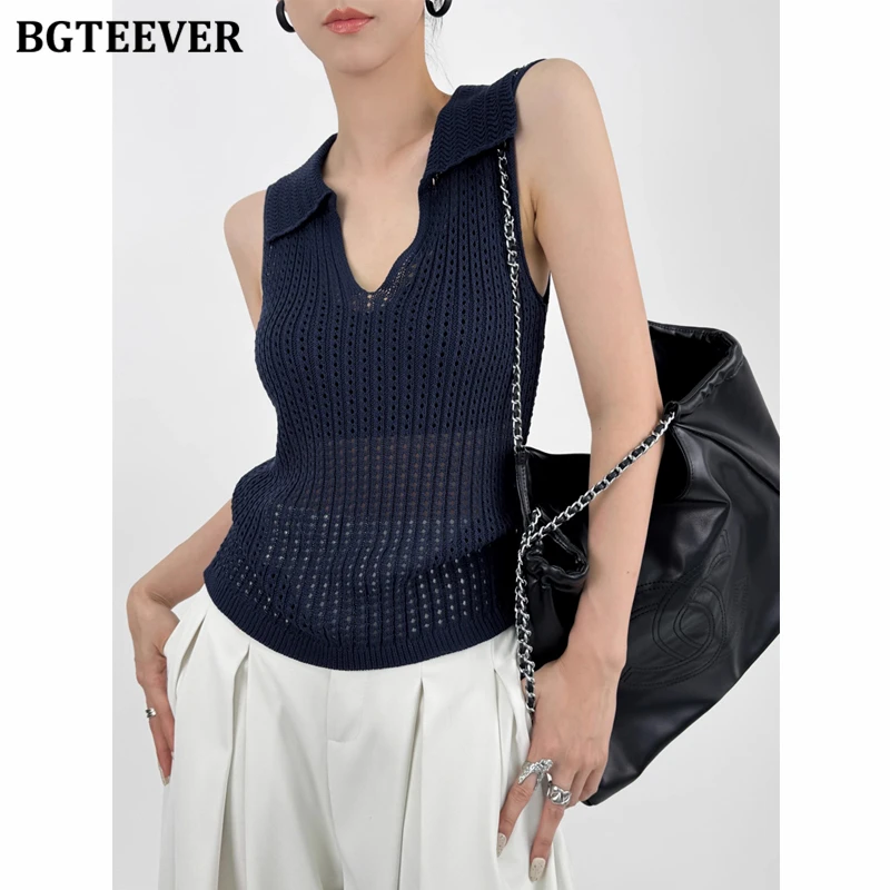 

BGTEEVER Summer Stylish Lapel Knitted Skinny Hollow Out Tank Tops for Women Elegant Slim Ladies Sleeveless Vests