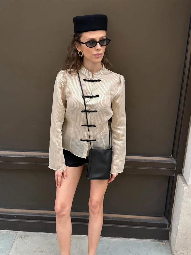 Striped Button Women Top Stand Up Collar Waist Cinch Slim Fit Casual Spring Summer  New Fashion Commuting Street Shirt
