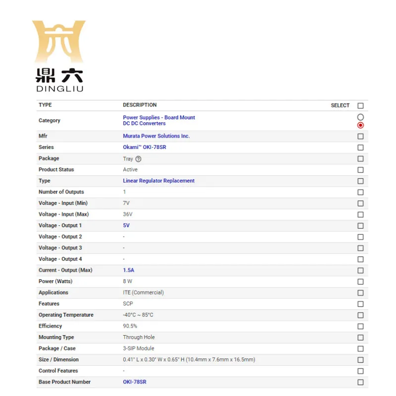 OKI-78SR-5/1.5-W36-C	 DC DC CONVERTER 5V 8W  3-SIP Module   OKI-78SR-5/1.5-W36-C DC DC Converter
