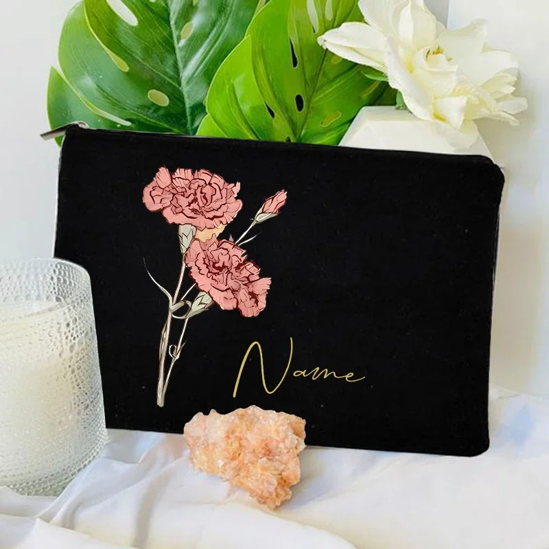 Custom Your Name Makeup Bags Make Up Pouch Floral Graphic Cosmetic Clutch Gifts for Her Female Mini Purse Travel Canvas Organize
