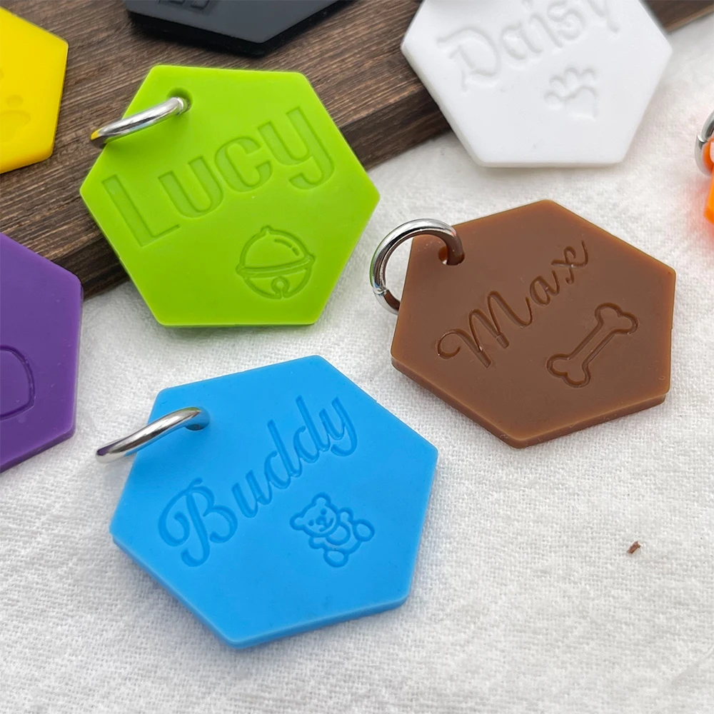 Silicone Hexagon Shaped Dogs Tags Pet Anti-lost ID Tag Dog Collar Tag Engraved Name Phone Number Custom Pendant Puppy Collars