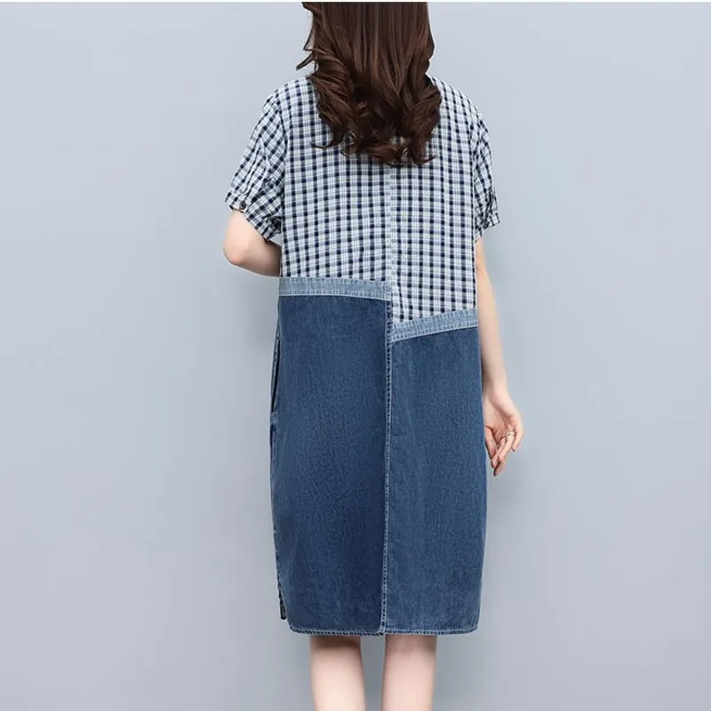 Summer Women\'s Dress Clothing Vintage Plaid Print Patchwork Denim Midi Dress Casual Short Sleeve Loose Streetwear Jean Dresses