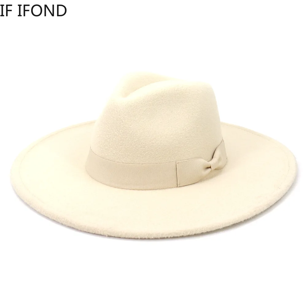 Big Wide Brim Women Hats 2021 Winter Autumn Ladies Elegant Retro Felt Fedora Hat Wedding Church Dress Formal Hat