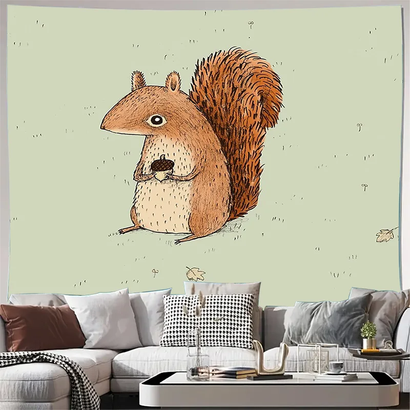 Cute Squirrel Tapestry Forest Animal Wall Hanging Nature Decor Room Aesthetic Dorm Home Decor Cozy Wildlife Tapestry
