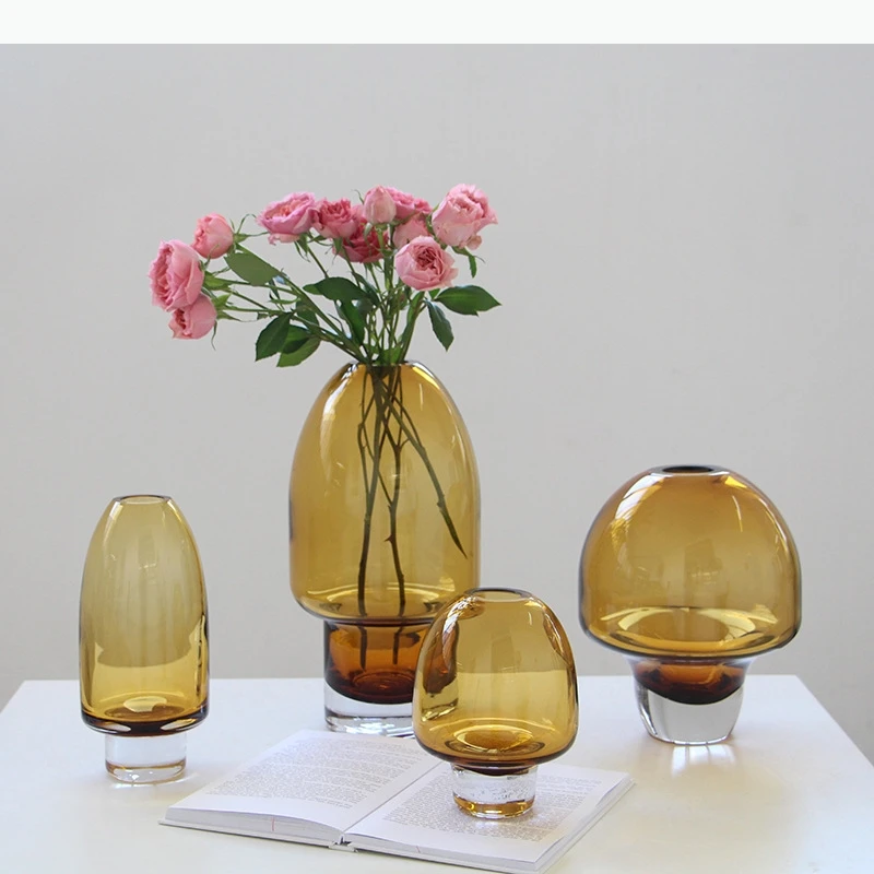 Transparent Amber Color Glass Vase Round Flower Pots Table Decoration Flowers Arrangement Floral Vases Room Aesthetic Decor