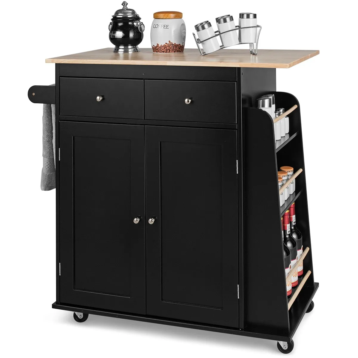 

Rolling Kitchen Island Utility Trolley Cabinet Storage Spice Towel Rack Black