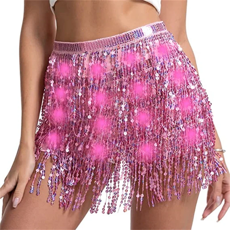 Halloween belly dance waist chain four layer glow women's sequins tassel hip skirt scarf nightclub performance LED waist scarf