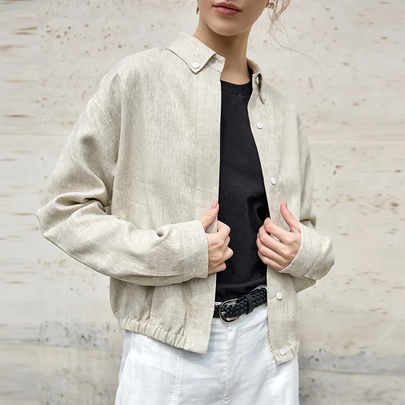 100% Linen Women's Jacket High-Quality Autumn New Lapel Collar Pleated Hem Casual Long-Sleeve Short Coat