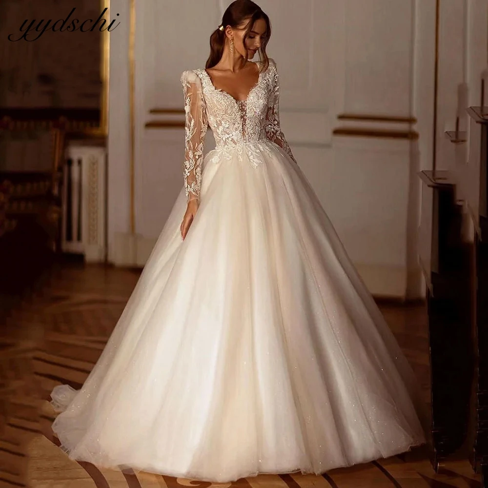 

Elegant Backless Appliques V-Neck Tulle Long Sleeves A-Line Wedding Dresses For Woman 2024 Bridal Gowns vestidos de novia